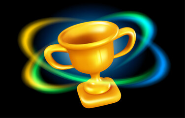 Vector illustration of golden winner cup with glow circle on black background. 3d style design of best winner gold award