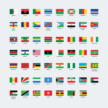 Flags of all African countries list vector illustration. Flags of african countries with names icon set isolated on a gray background. African flags icons in flat style. Africa flag design element