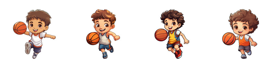 Cartoon cute little boy playing basketbal. Vector illustration.