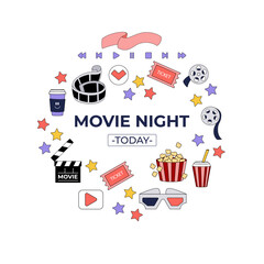 Set of cinema clip art objects in y2k style in the circle. Hand drawn movie retro illustration. Design for t-shirt. Vector