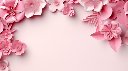 Happy women's day background with pink campanula flowers, eucalyptus leaves on a pink backdrop. Paper art style.