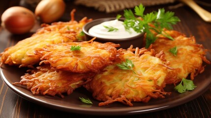 golden appetizing potato pancakes on a plate, with parsley and sour cream. closeup