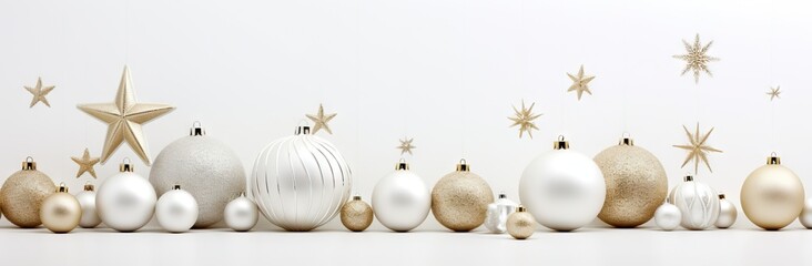 Silver and gold Christmas balls on white background with stars and sparkles. New year decoration, festive atmosphere concept. Banner with copy space