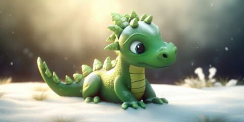 Cute Green Dragon in snow. Green Dragon Symbol Of New Year 2024. Creative Christmas Background