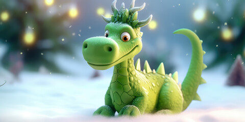 Funny Green Dragon in winter forest. Green Dragon Symbol Of New Year 2024. Merry Christmas and...