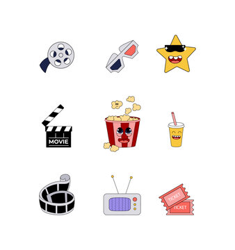 Set of movie mascot objects in retro style. Cinema  groovy popcorn character. Design for web, banner, poster, stickers, flyer, paper print, y2k illustration. Vector