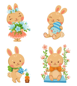 Set of cartoon vector illustrations cute rabbits