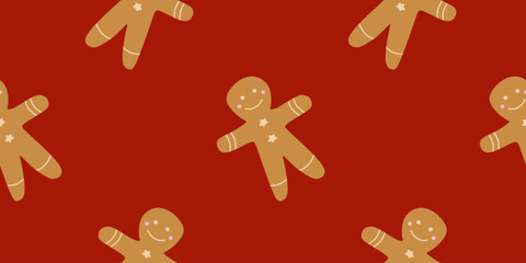 Gingerbread man on Red seamless pattern. Sweet Christmas Holidays background. Season cookies template for Gift box Wrapping paper, Wallpaper, Card, Textile, Packaging, Fabric. Vector Flat illustration