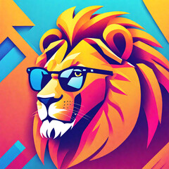 Portrait of a lion with glasses, cartoon illustration, 80s style. Generative AI
