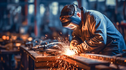 Worker professional mask protected welder man in uniform working. Worker welding in a factory.
 - obrazy, fototapety, plakaty