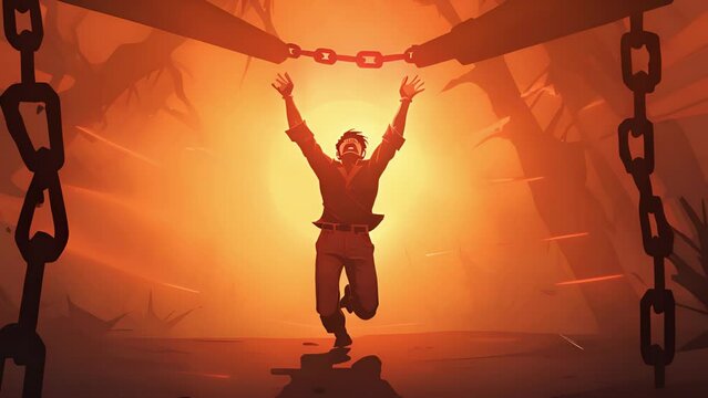A character overcomes a traumatic experience, visually portrayed by breaking free from chains that had bound them. 2d animation