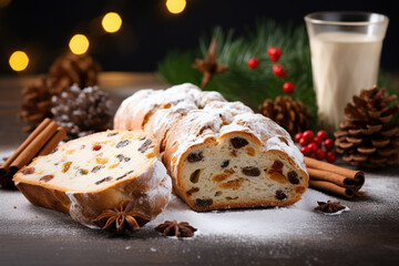 Obraz na płótnie Canvas Christmas Stollen with raisins, dried apricots, cherries, nuts and candied fruits in sugar glaze on a festive background. Delicious Christmas dessert.