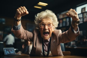 seniora person celebrating success in office - obrazy, fototapety, plakaty