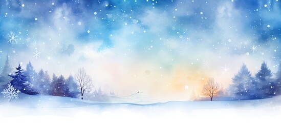In the background of a Christmas themed abstract design vibrant watercolor strokes depict the beauty of nature in winter with delicate snowflakes falling gracefully The concept highlights th - Powered by Adobe