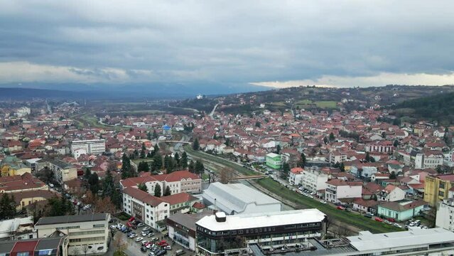 Aerial view of town Leskovac in southern Serbia in cloudy morning