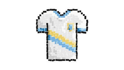 Animated Pixel icon. Classic football player t shirt. Sports uniform of soccer player. Layout of athletes on field. Simple retro game looped video isolated on white background