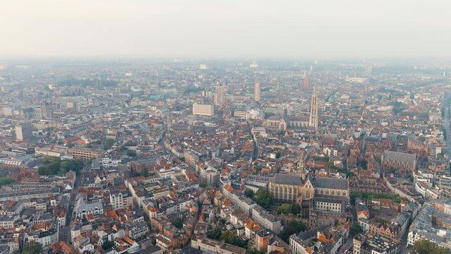 Antwerp, Belgium. Panorama overlooking the Cathedral of Our Lady (Antwerp). Historical center of Antwerp. City is located on the river Scheldt (Escaut). Summer morning, Aerial View