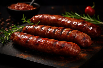 Fried sausage. delicious dish of German cuisine. grilled meat delicacy made from pork or beef. food on a dark background