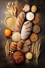 Assortment of baked bread on wooden table background. fresh bakery. white and black, rye bread. view from above.