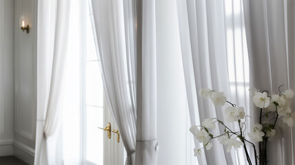 White flowers in vase on the background of the window with curtains