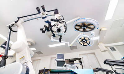 Emergency surgical equipment. Surgery modern hospital room.