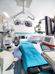 Sterile professional surgery hospital room. Emergency healthcare technologies.
