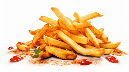 Fast food. Flying fried potatoes and ketchup isolated on white background. French fries. Made with generative ai