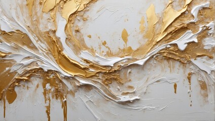 Close-up of the texture of a rough, gold and white abstract painting with a brush stroke and pallet knife paint on the canvas.