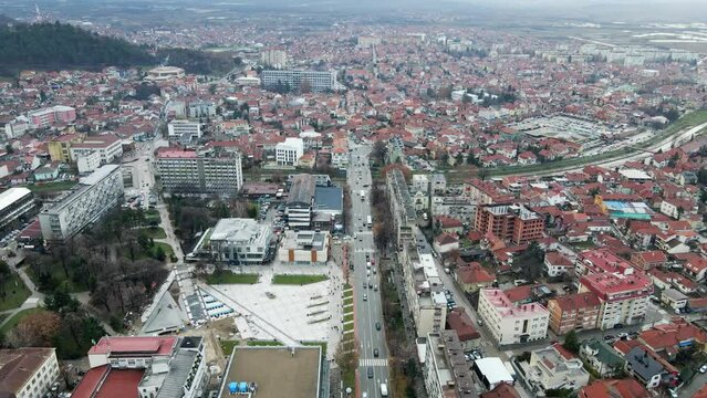 Aerial view of traffic in a street in town Leskovac in southern Serbia