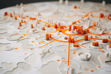 3D city map with colorful routes on it