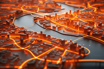 3D city map with colorful routes on it