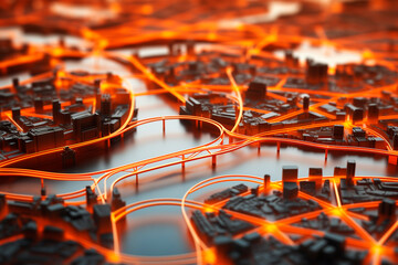 3D city map with colorful routes on it