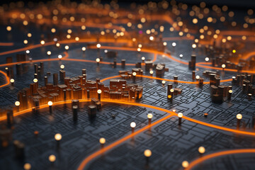 3D city map with routes and round marks on it