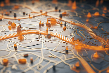 3D city map with routes and round marks on it - obrazy, fototapety, plakaty