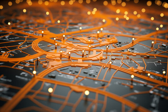 3D city map with routes and round marks on it