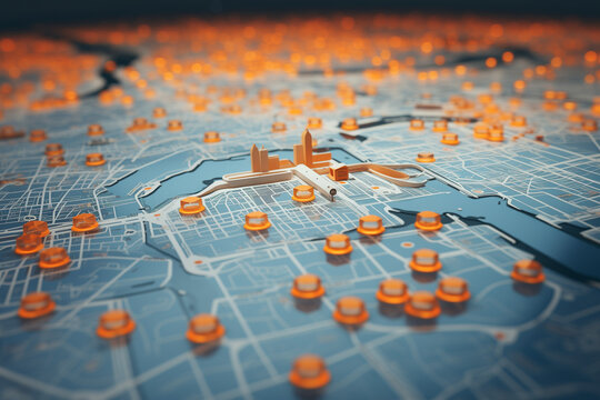 3D city map with routes and round marks on it