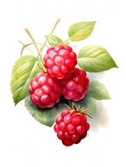 Watercolor illustration of ripe red raspberries on white background 
