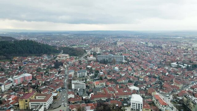 Gray clouds above town Leskovac in southern Serbia in busy morning