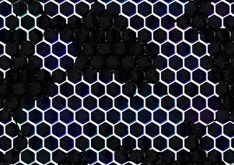 Large abstract design image showcasing a hexagonal pattern with white divisions and cool-colored cells on a dark metallic surface with liquid spilled over - 676382402