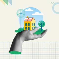 Clean energy concept in retro collage vector illustration