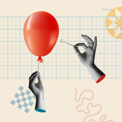 Hand with needle bursts balloon in retro collage vector illustration