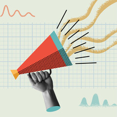 Hand is hold megaphone in retro collage vector illustration