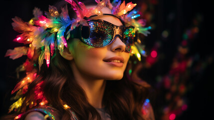 Women wearing futuristic virtual reality headsets in a night-lit carnival environment