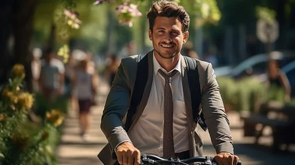  Happy male executive in business outfit returning from job on bicycle outdoor. Front view of determined office clerk feeling great, while cycling home from office in city park. Concept of transport.  © Morng