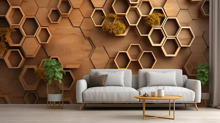Modern Elegance: Hexagonal Wallpaper Bliss,Intricate 3D Hexagonal Tiles: A Mosaic Marvel,Modern living interior with furniture