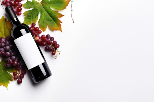 Bottle of red wine, grape and autumn leaves on white background