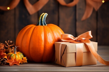 Gift box with bow and pumpkins on a dark background.
