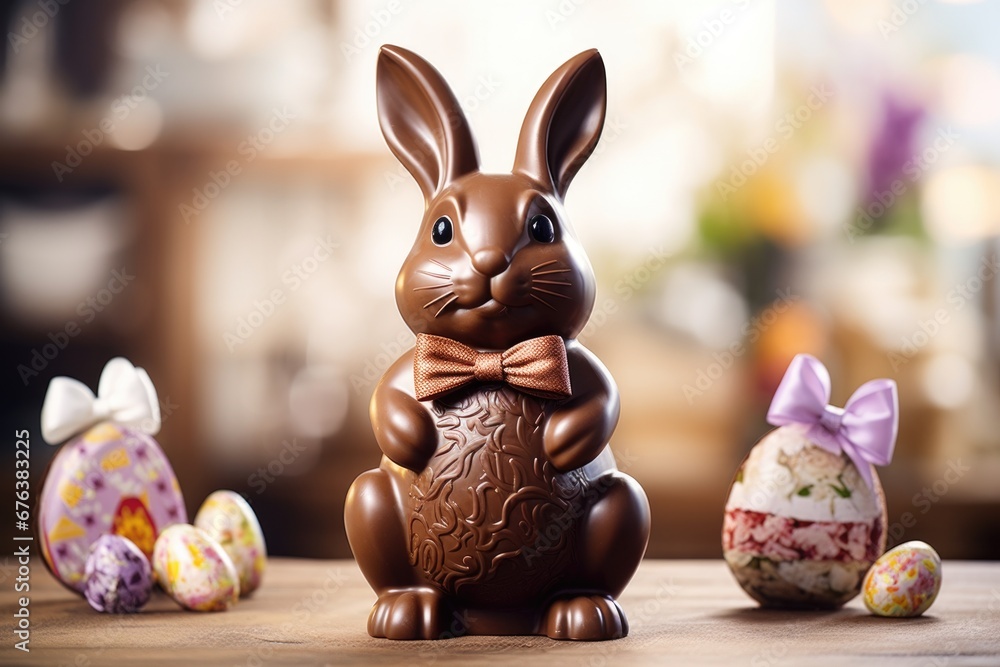 Wall mural tasty chocolate easter bunny stand on table