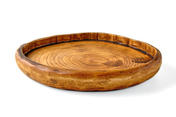 Handmade wooden brown plate isolated on white background. High angle view