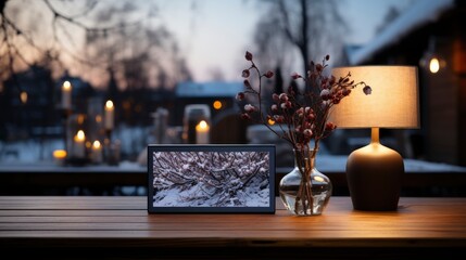 Winter scene with warm candle lights on a bridge, festive tree in the background, and a rustic wooden foreground in a serene snowy landscape.